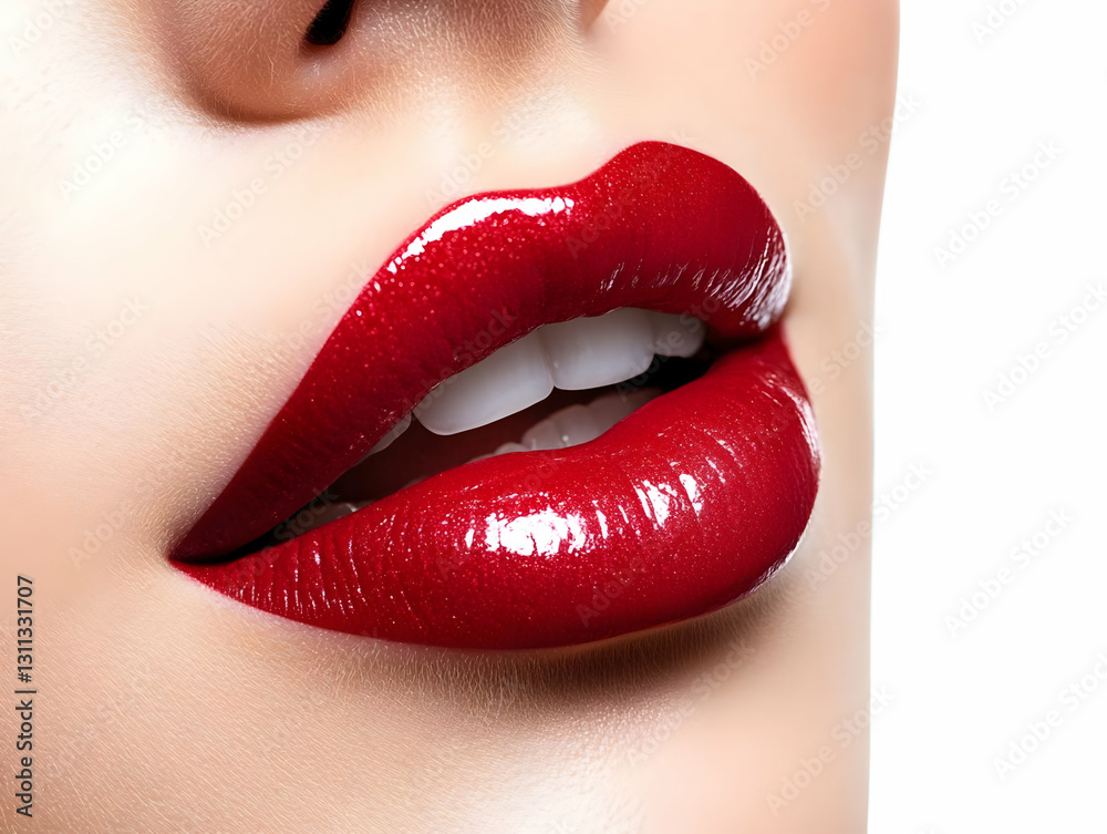 Obraz premium Close-up of glossy red lips showcasing a perfect smile, emphasizing beauty, fashion, and makeup trends. Ideal for cosmetic advertisements or beauty blogs.