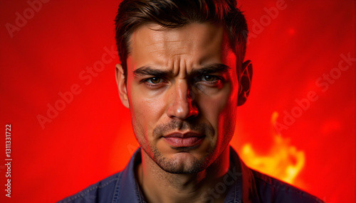 Angry expression in fiery background, intensity and emotion