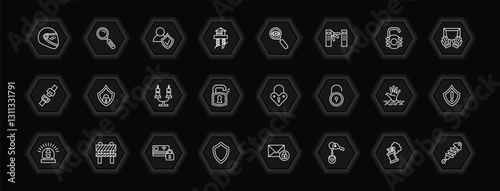 outline icons set - security concept. vector icons included motorbike helmet, user protection, insight, protector and more.