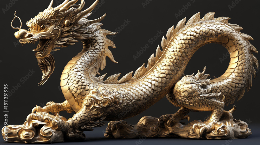 Obraz premium Golden dragon sculpture on dark background