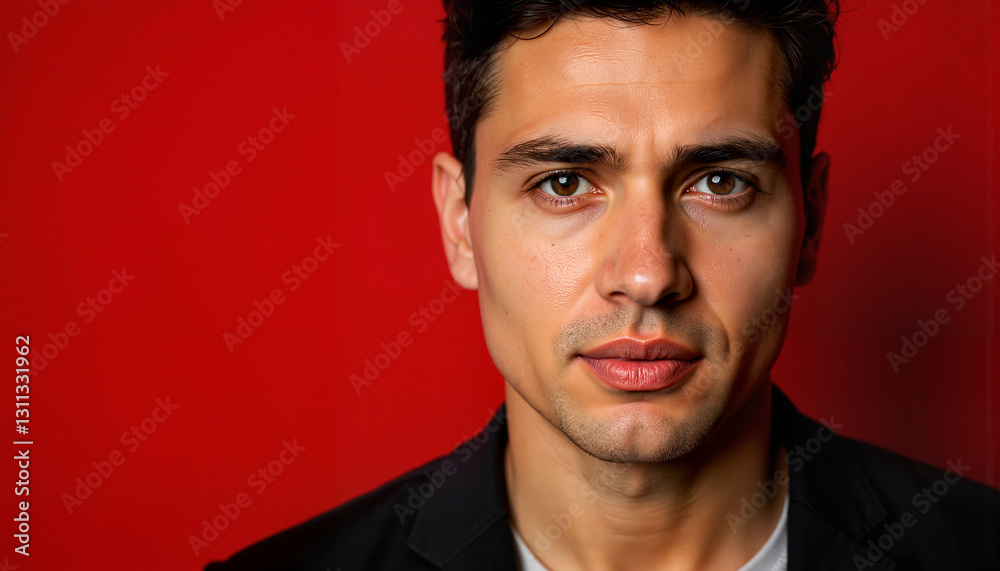 Fototapeta premium Intense gaze of a determined man against a red background, focus