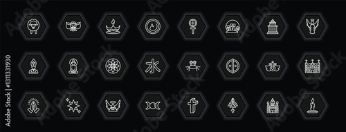 outline icons set - religion concept. vector icons included lamb, diwali, gticism, buddha and more.