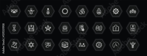 outline icons set - religion concept. vector icons included holy elephant, easter bunny, hinduism, mosque and more.