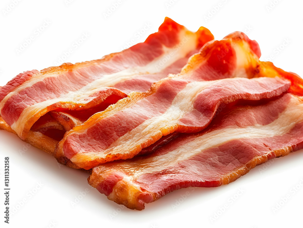 Deliciously crispy bacon strips laid out on a white background, perfect for breakfast or adding flavor to various dishes. A tempting treat for all bacon lovers. Deliciously crispy bacon strips laid out on a white background, perfect for breakfast or adding flavor to various dishes. A tempting treat for all bacon lovers.