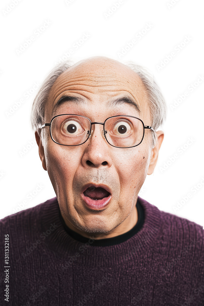 Surprised senior man wearing glasses showing excitement and shock with open mouth on isolated white background, expression of amazement and curiosity.