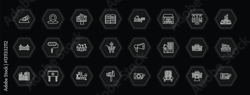 outline icons set - real estate concept. vector icons included deposit, house front view, for rent, paint roll and more.