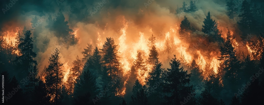 Climate change with global transition idea. Forest fire raging through trees at dusk. Climate change with global transition idea. Forest fire raging through trees at dusk.