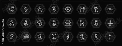 outline icons set - people concept. vector icons included chat group, man riding a horse, masculine avatar, teacher reading and more.