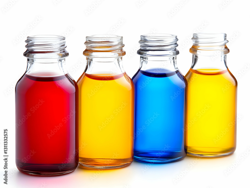 Four colorful glass bottles filled with vibrant liquids, showcasing red, yellow, blue, and orange shades on a white background, perfect for creative projects.