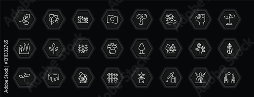 outline icons set - nature concept. vector icons included branches with leaves, palm islands, american beech tree, green and more.