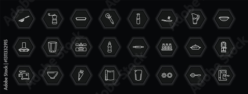 outline icons set - kitchen concept. vector icons included strainer, tray, milk, glass and more.