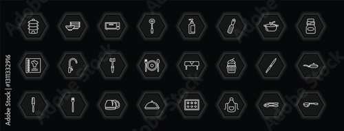 outline icons set - kitchen concept. vector icons included steamer, bun warmer, liquid soap, kitchen tap and more.