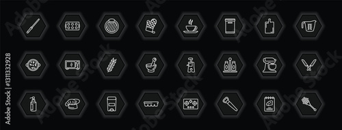 outline icons set - kitchen concept. vector icons included knife sharpener, chopping board, tea cup, microwave oven and more.