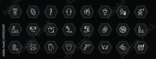 outline icons set - hygiene concept. vector icons included depilator, primp, dust cleaning, dryer and more.