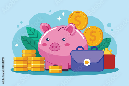 A cheerful piggy bank sits among stacks of coins and a money bag, symbolizing saving and budgeting, Piggy bank with coins with money bag and wallet