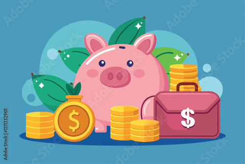 A friendly piggy bank sits with piles of coins, a money bag, and a wallet, symbolizing savings and finance, Piggy bank with coins with money bag and wallet