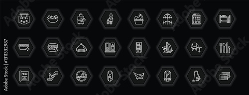 outline icons set - hotel and restaurant concept. vector icons included hotel, left-luggage, frozen yogurt, sandwich and more.
