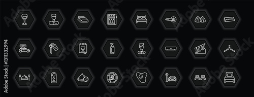 outline icons set - hotel and restaurant concept. vector icons included wine glass, towels, double bed, room key and more.