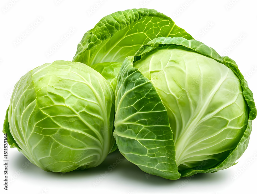 Obraz premium Fresh green cabbages stacked together, showcasing their vibrant color and crisp texture, ideal for healthy recipes and colorful dishes.