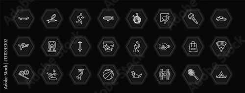 outline icons set - free time concept. vector icons included skate, running man, disco ball, hiking and more.
