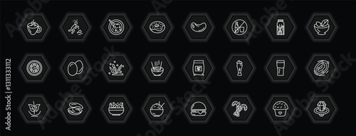 outline icons set - food concept. vector icons included warm black mug, luosifen, bean, two eggs and more.
