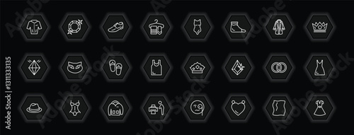 outline icons set - fashion concept. vector icons included jacket with buttons, men shoe, swimwear, cat eyes and more.
