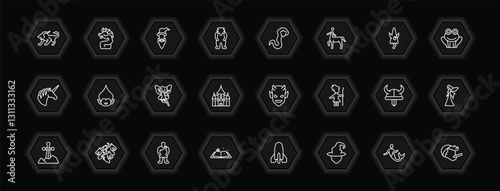 outline icons set - fairy tale concept. vector icons included chimera, wizard, rapunzel, troll and more.