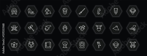 outline icons set - fairy tale concept. vector icons included monster, hero, broomstick, thor and more.