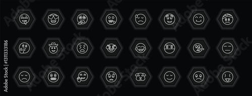 outline icons set - emoji concept. vector icons included drool emoji, exhausted emoji, dissapointment cowboy hat and more.