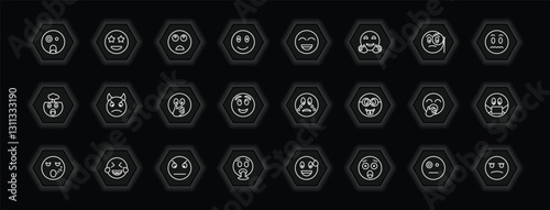 outline icons set - emoji concept. vector icons included shocked emoji, bored emoji, grinning angry with horns and more.