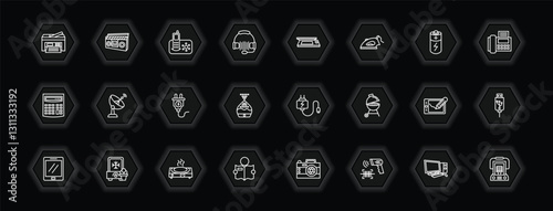 outline icons set - electronic devices concept. vector icons included printer, answering hine, scanner, satellite dish and more.