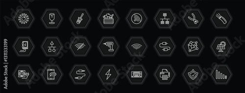 outline icons set - electrian connections concept. vector icons included dimmer, screwdriver, wireless internet, scheme and more.