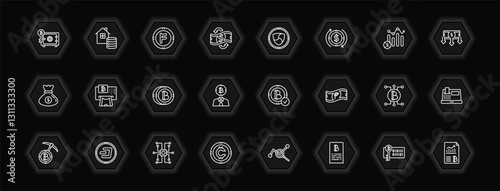 outline icons set - cryptocurrency concept. vector icons included proof of stake, coin, nem, atm and more.