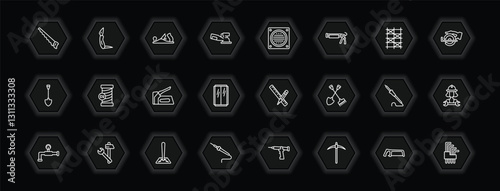 outline icons set - construction and tools concept. vector icons included handsaw, planer, drain, copper and more.