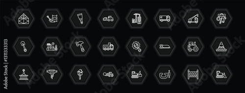 outline icons set - construction concept. vector icons included joist, scraper, constructions, interior de and more.