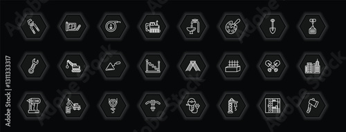 outline icons set - construction concept. vector icons included big clippers, five meters ruler, adjusment system, derrick with ball and more.