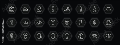 outline icons set - clothes concept. vector icons included leather biker jacket, hobo bag, gladiator sandal, sleepers and more.