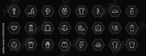 outline icons set - clothes concept. vector icons included tracksuit, kurta, jersey, jeans and more.