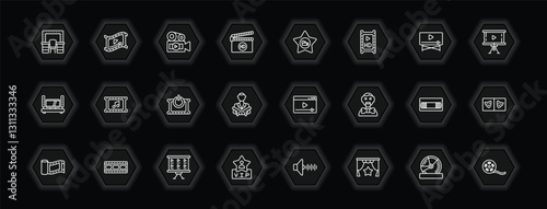 outline icons set - cinema concept. vector icons included dressing room, footage, film star, soundtrack and more.