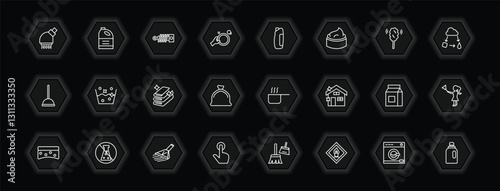 outline icons set - cleaning concept. vector icons included shower head, suspension, solvent, soak and more.