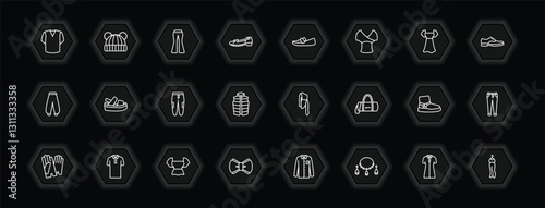 outline icons set - clothes concept. vector icons included v neck shirt, flare pants, loafer, platform sandals and more.