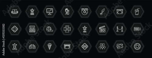 outline icons set - cinema concept. vector icons included home theater, animation, hd dvd, box office and more.