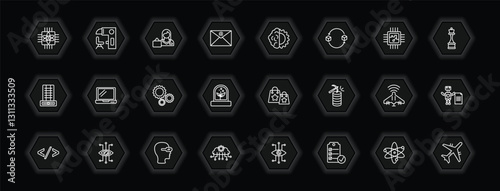 outline icons set - artificial intellegence concept. vector icons included quantum computing, shop assistant, deformity, laptop and more.
