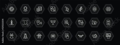 outline icons set - artificial intellegence concept. vector icons included cpu, database, prosthesis, face recognition and more.