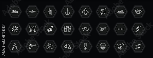 outline icons set - army and war concept. vector icons included tank, militar radio, plane, combat and more.