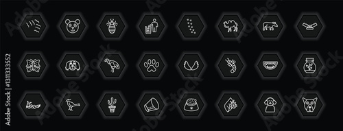 outline icons set - animals concept. vector icons included flock of birds, louse, pawprints, pekingese and more.