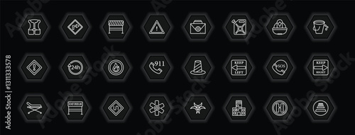 outline icons set - alert concept. vector icons included life vest, road blockade, kit, 24h and more.