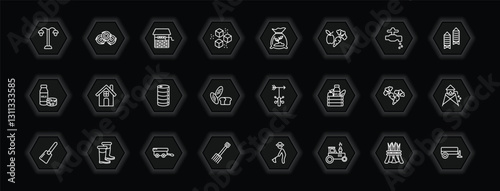 outline icons set - agriculture farming concept. vector icons included lamppost, water well, fertilizer, farm house and more.
