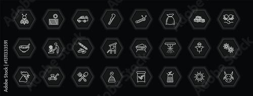 outline icons set - agriculture farming concept. vector icons included bees, pickup, caterpillar, planting and more.