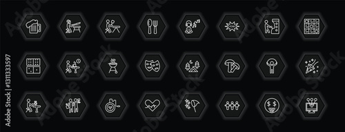 outline icons set - activity and hobbies concept. vector icons included brewing, lace making, relaxing, resting and more.